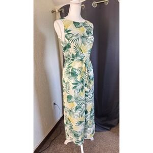 Soprano Tropical Palm Print Wide Leg Jumpsuit Green Yellow Cutout Back Small
